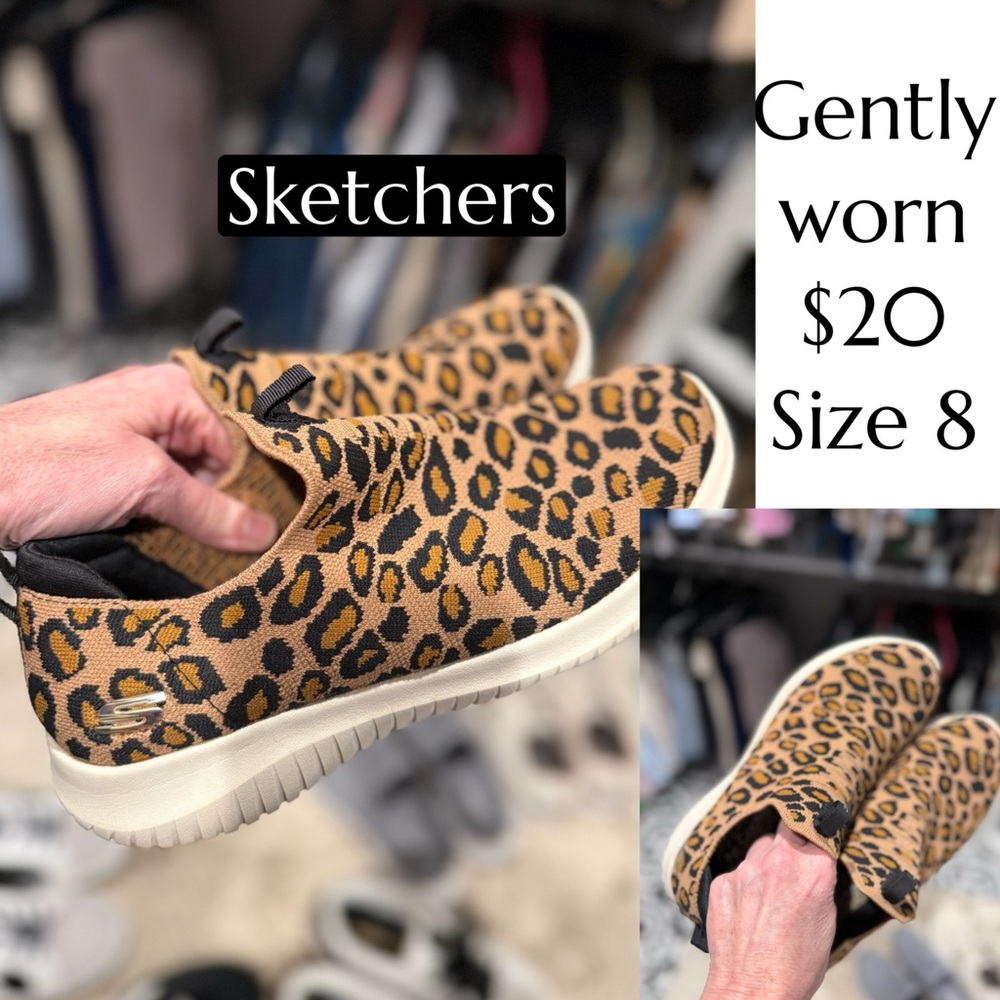 Skechers Leopard-Print Slip-Ons in Tan and Black